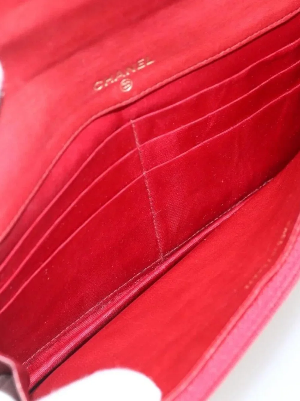 CHANEL Long Wallet Grained Calf Skin Red Gold CC Auth 166826